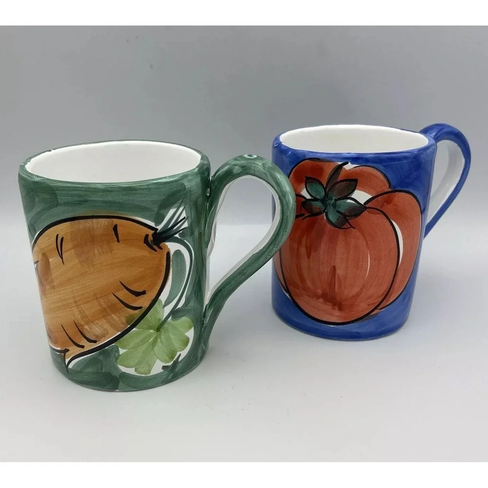 2 Pier 1 Set Garden Herb Mugs Handpaint Whimsy Carrot Pumpkin Veggie Fruit 12 Oz